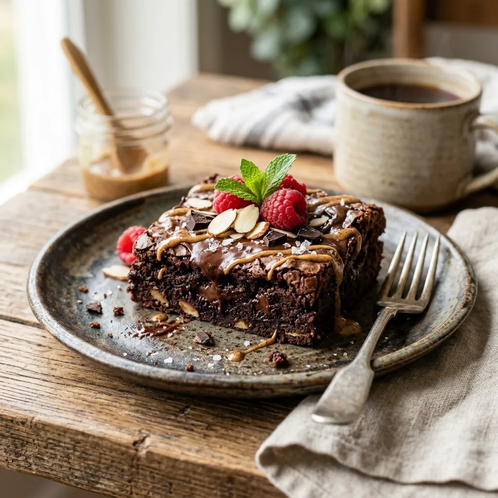 Brownie Fit com Pasta de Amendoim e Framboesas